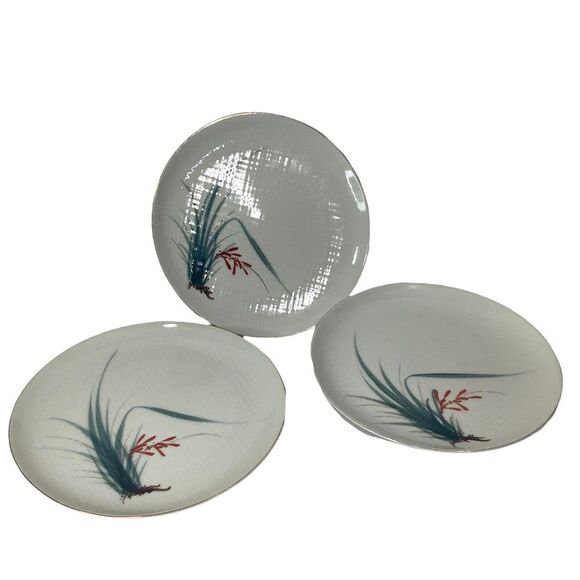 Vtg 3 Nunome China Dinner Plates 10 in Grass Red Flower Gray Plaid Japan OOAK‎ - Picture 4 of 9